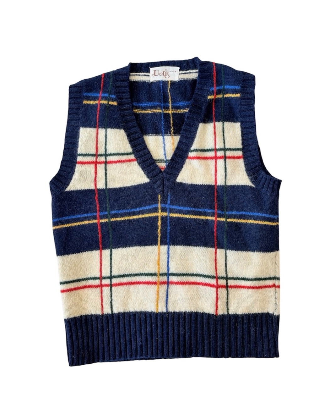 Vintage Navy & Cream Plaid V-Neck Sweater Vest